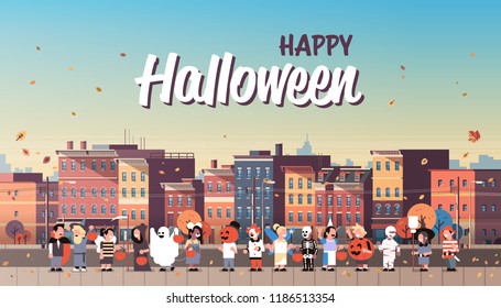 kids wearing monsters costumes walking town holiday concept cityscape background tricks or treat happy halloween cartoon character full length horizontal banner copy space flat vector illustration