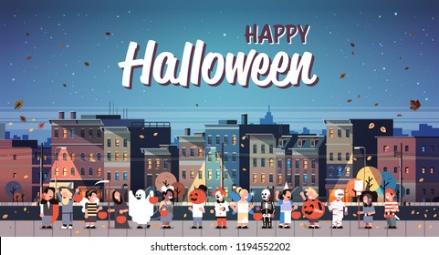 kids wearing monsters costumes walking night town holiday concept cityscape background tricks or treat happy halloween cartoon character full length horizontal banner copy space flat vector
