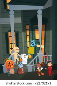 Kids Wearing Monsters Costumes Walking To House Get Candy Tricks Or Treat Happy Halloween Banner Holiday Vector Illustration