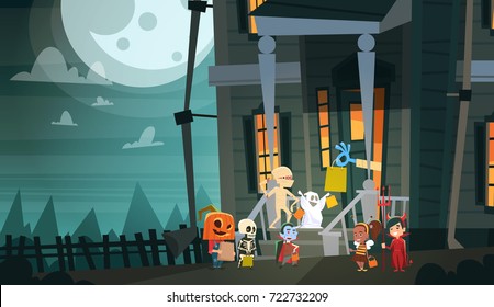 Kids Wearing Monsters Costumes Walking To House Get Candy Tricks Or Treat Happy Halloween Banner Holiday Vector Illustration