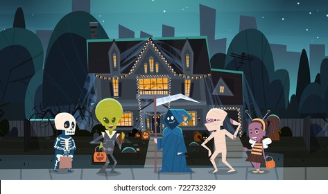 Kids Wearing Monsters Costumes Walking To House Get Candy Tricks Or Treat Happy Halloween Banner Holiday Vector Illustration