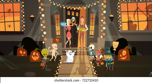 Kids Wearing Monsters Costumes Walking To House Get Candy Tricks Or Treat Happy Halloween Banner Holiday Vector Illustration