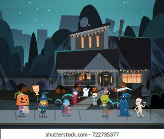 Kids Wearing Monsters Costumes Walking In Town Tricks Or Treat Happy Halloween Banner Holiday Concept Vector Illustration