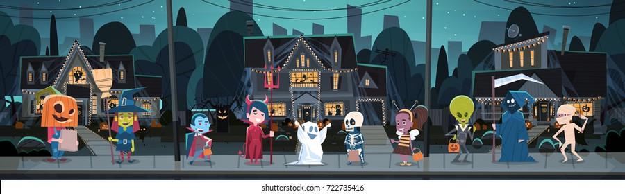 Kids Wearing Monsters Costumes Walking In Town Tricks Or Treat Happy Halloween Banner Holiday Concept Vector Illustration