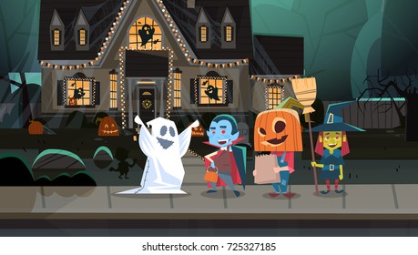 Kids Wearing Monsters Costumes Walking In Town Tricks Or Treat Happy Halloween Banner Holiday Concept Vector Illustration