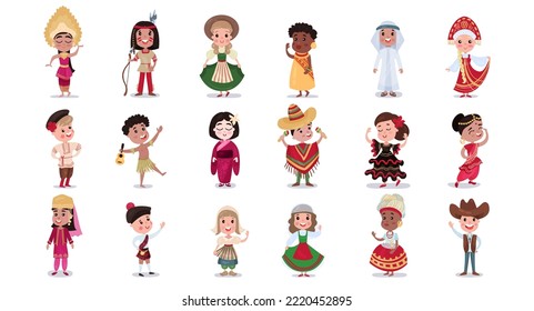 Kids Wearing National Costumes Of Different Countries Vector Big Set