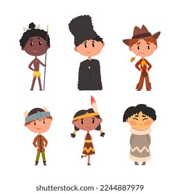 Kids Wearing National Costumes of Different Countries Vector Illustration Set