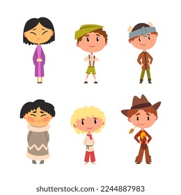 Kids Wearing National Costumes of Different Countries Vector Illustration Set
