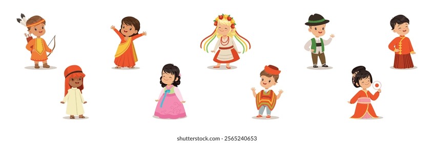 Kids Wearing National Costumes Of Different Countries Vector Set