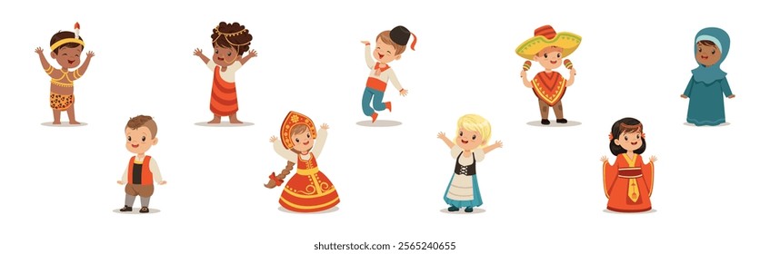 Kids Wearing National Costumes Of Different Countries Vector Set