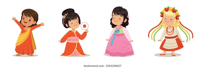 Kids Wearing National Costumes Of Different Countries Vector Set