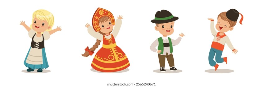 Kids Wearing National Costumes Of Different Countries Vector Set