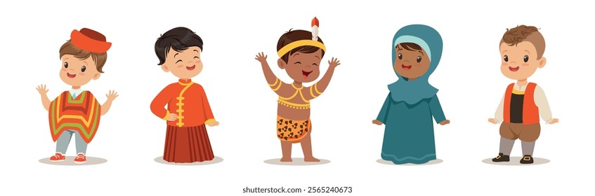 Kids Wearing National Costumes Of Different Countries Vector Set