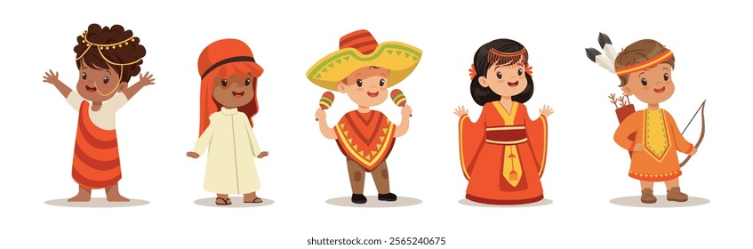 Kids Wearing National Costumes Of Different Countries Vector Set