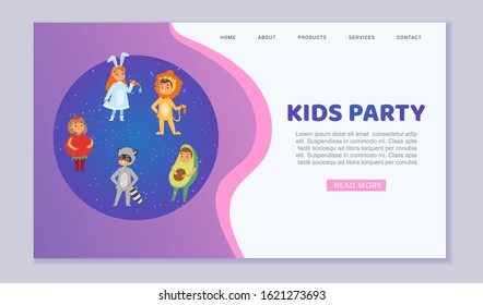 Kids wearing party carnival costumes of cute animals and vegetables vector web template illustration. Kids costumes party or festival webpage.