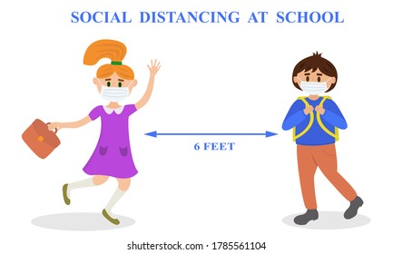 Kids wearing protection medical masks and keeping social distance. Back to school for new normal reality 
in context of coronavirus pandemic. Vector cartoon illustration.