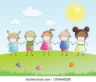 Kids wearing protective medical masks. Cute cartoon children from all over the world. Healthcare concept. Health, hygiene, virus protection vector illustration	