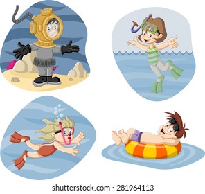 Kids wearing Scuba diving suit. Cartoon divers.