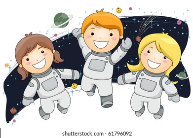 Kids Wearing Space Suits floating in Space - Vector