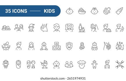 Kids Web Icons Set in Line or outline Style related to Kids. Includes baby, toddler, mother and more.  Icons For Web and Mobile Apps. Linear icons collection. Editable strokes. Vector illustration.