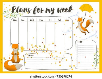 Kids weekly calendar, vector