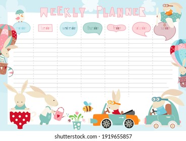 Kids weekly planner with cute bunny, rabbit on cars in doodle cartoon style. Kids schedule design template. Vector illustration.