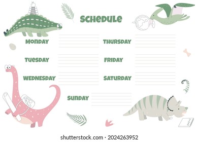Kids weekly planner with cute dinosaur.  Back to school