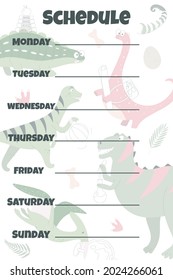 Kids weekly planner with cute dinosaur.  Back to school