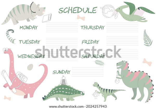 Kids\
weekly planner with cute dinosaur.  Back to\
school