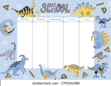 Kids weekly planner with cute doodle dinosaurs. A timetable for elementary school. Vector flan scandinavian illustration with hand drawn lettering text