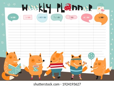 Kids Weekly Planner With Cute Fox, Little Foxes In Cartoon Style. Kids Schedule Design Template. Vector Illustration.