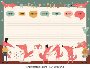 Kids weekly planner with cute fox, little foxes in boho style. Kids schedule design template. Vector illustration.