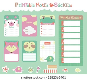 Kids weekly planner with cute fox, deer,sloth,frog.Set of kids weekly or daily planner,to buy,to do list,memo,notes and stickers with cute animals. Kids schedule design template.Kids illustrion.