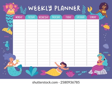 Kids weekly planner with cute mermaids. Cartoon characters, funny underwater princesses, fairytale girls with fish tails, vector template