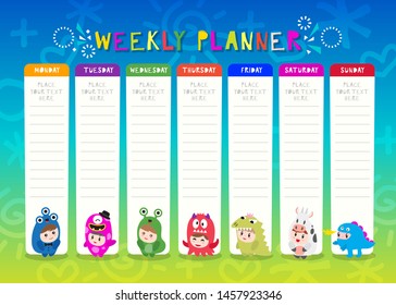 Kids Weekly Planner With Cute Monster Cartoon Characters. A Timetable For Elementary School. Children Schedule Design Template Vector Illustration. 