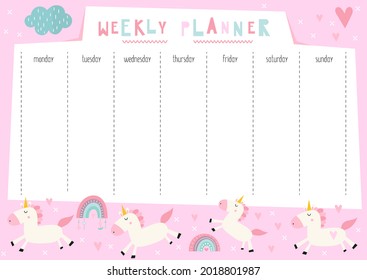 Kids Weekly Planner, Daily Planner With Cute Unicorns. Printable Kids Stationery. Vector Illustration.