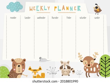 Kids weekly planner, daily planner with cute woodland  animals. Printable kids stationery. Vector illustration.