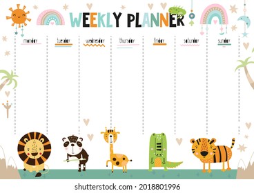 Kids weekly planner, daily planner with cute safari animals. Printable kids stationery. Vector illustration.