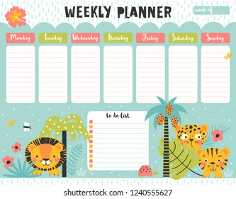 Kids weekly planner and to do list with cute wild animals in the jungle. A timetable for elementary school. Vector illustration.