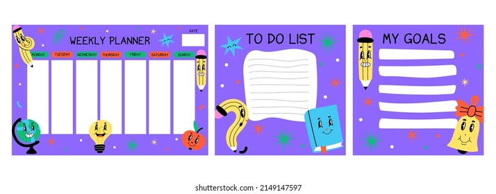 Kids weekly planner. To do list, my goals. Funny cartoon characters, notebook sheet template, poster for kids, childish stationery design. Hand drawn abstract bright colors vector comic flat concept