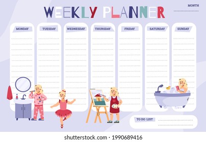Kids weekly planner or timetable template with cartoon cute girl character. Children weekly organizer or time schedule with place for text, cartoon vector illustration.