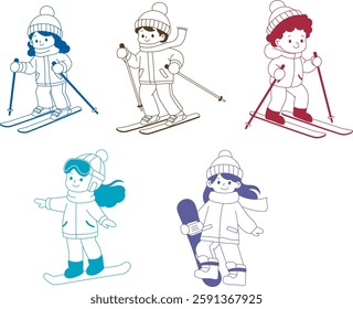 Kids who are skiing and children who are snowboarding. leisure activities in winter. minimal line art vector illustration.