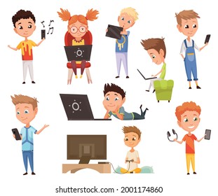 Kids who using gadget. Child and modern technology colorful cartoon characters. Childrens watching, listening and playing with electronic devices