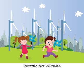 Kids and wind enery 2D cartoon concept for banner, website, illustration, landing page, flyer, etc.