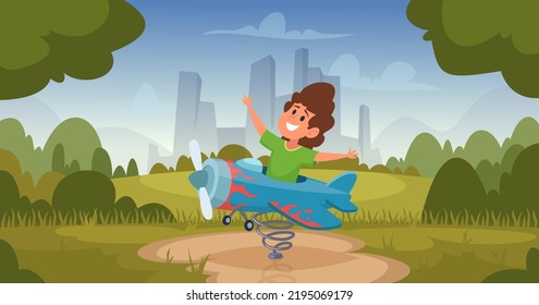 Kids with wings. Little people dreamers running and playing aviation and big planers with crafting wings exact vector cartoon background