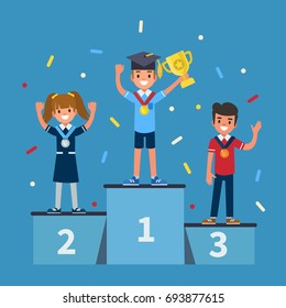 Kids winners standing on podium. Flat style vector illustration.