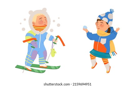 Kids winter activities set. Boy and girl in warm clothes walking outdoors, skiing and playing snowballs cartoon vector illustration