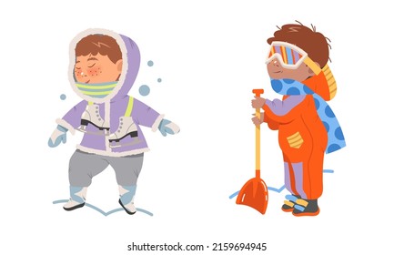 Kids winter activities set. Cute girl skating, boy shoveling snow cartoon vector illustration