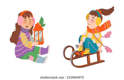 Kids winter activities set. Girls in warm clothes walking outdoors and sledding cartoon vector illustration