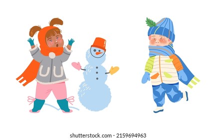 Kids winter activities set. Happy boy and girl in warm clothes making snowman cartoon vector illustrati